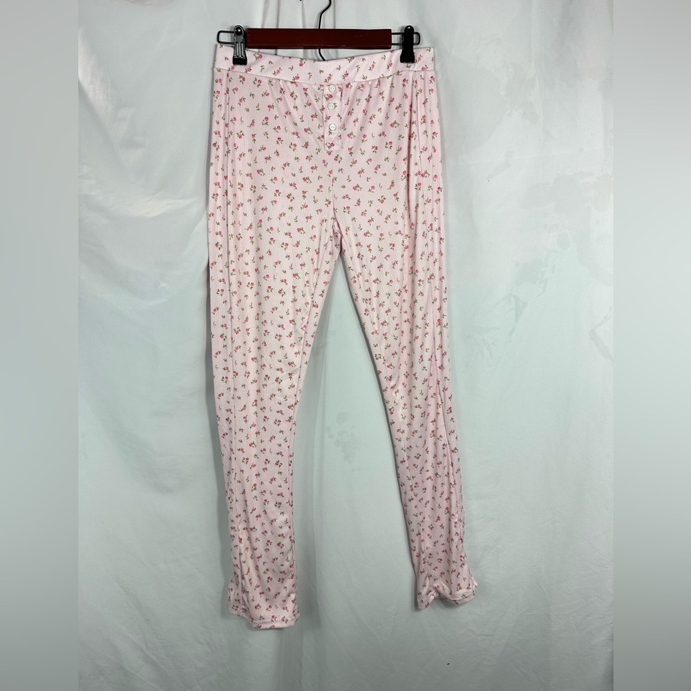Rose printed pink ribbed pajama pants size L